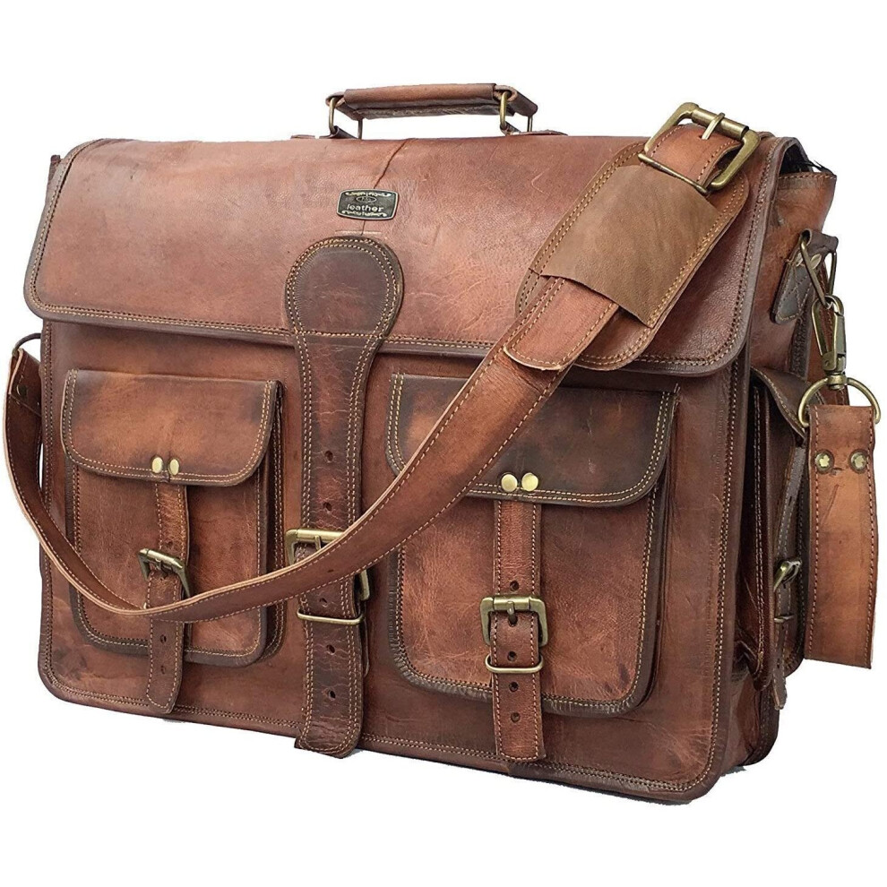 DHK 18 Inch Vintage Handmade Leather Messenger Bag Laptop Briefcase Computer Satchel bag For Men (DARK BROWN)