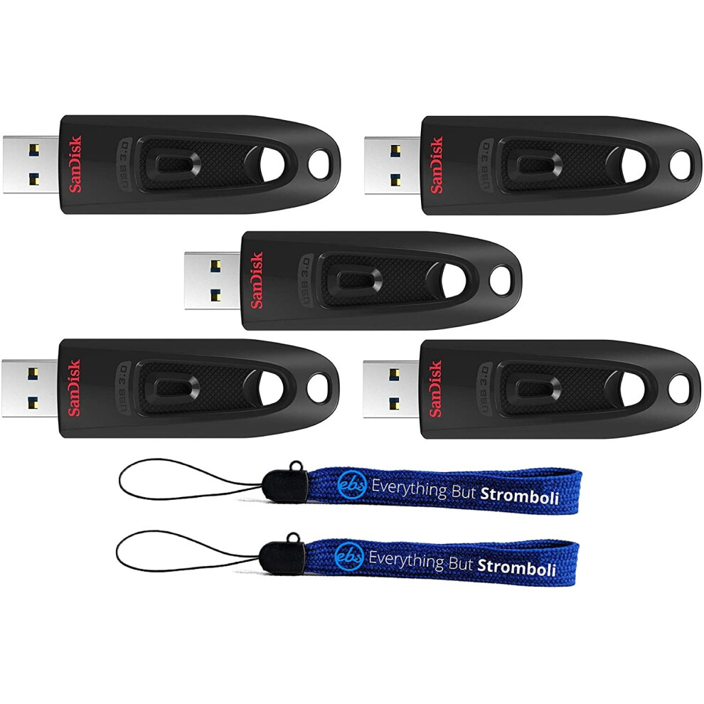 SanDisk 32GB (Five Pack) USB 3.0 Flash Ultra Memory Drive CZ48 - Bundle with (2) Everything But Stromboli Lanyard