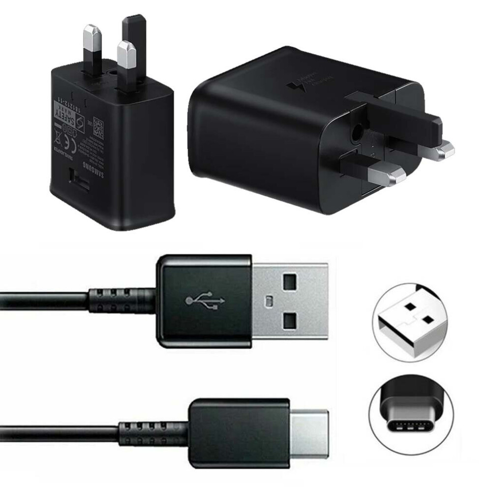 Original Samsung UK 3 Pin 15W Adaptive Fast Mains Charger USB C Cable In Black