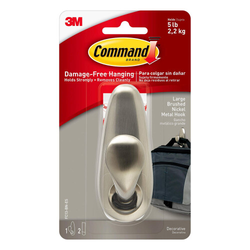 3M Command Large Metal Hook, Brushed Nickel, Indoor Use, 1-Hook, 2-Strips, Decorate Damage-Free