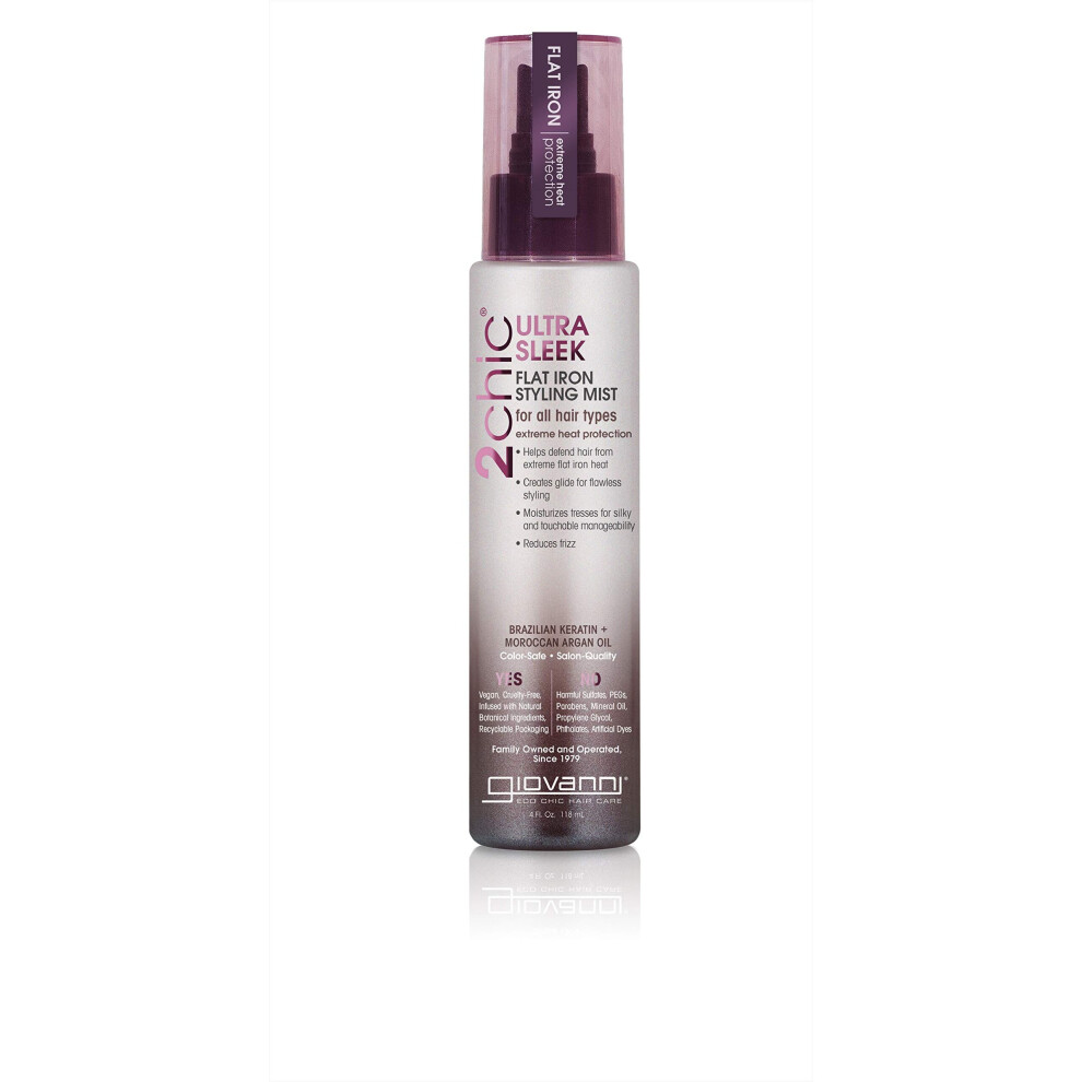 GIOVANNI 2chic Ultra Sleek Flat Iron Styling Mist, 4 oz. Brazilian Phyto-Keratin & Moroccan Argan Oil, Heat Protection Anti-Frizz Formula, Coconut, Sh