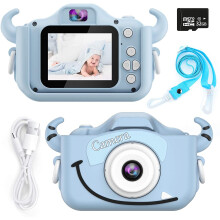 (Azul) Cámara de juguete para niños HD 1080P con pantalla de dibujos animados, regalo de Navidad, cámara fotográfica de película