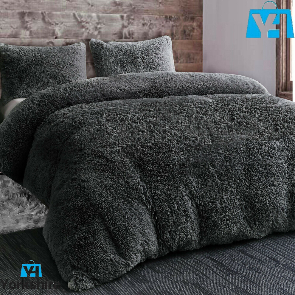 (King (230cm x 220cm)) Cuddly Bear Fleece Faux Fur Duvet Cover Set Fluffy Warm Fuzzy Cozy Charcoal