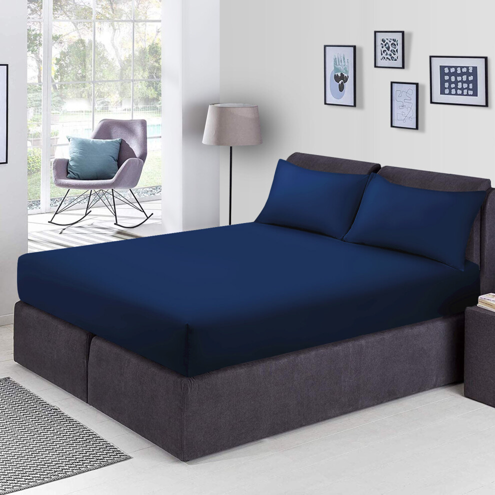 (Navy Blue, Single) Extra Deep 40cm Fitted Sheet Mattress Bed Elastic Sheets OR Pillowcases