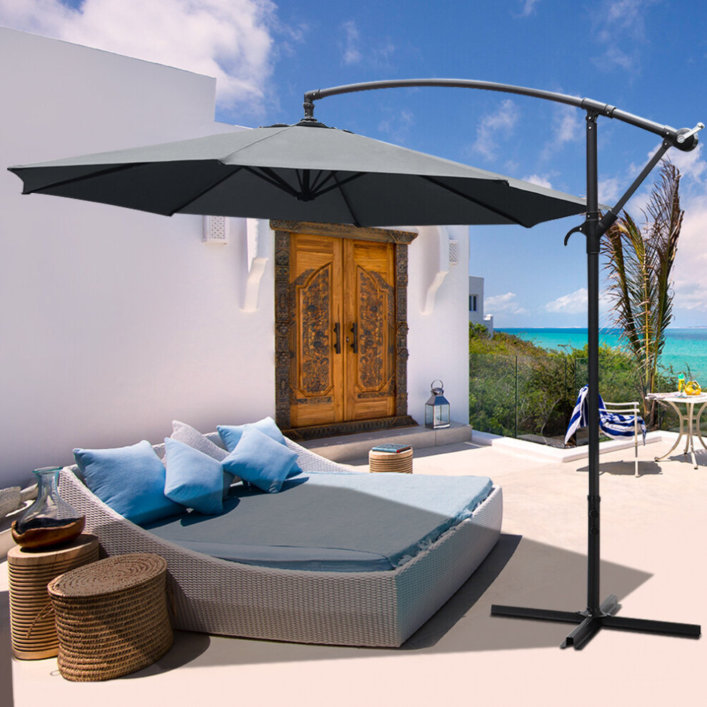 (Dark Grey, Cross Base) 3M Large Banana Cantilever Patio Garden Parasol Outdoor Umbrella