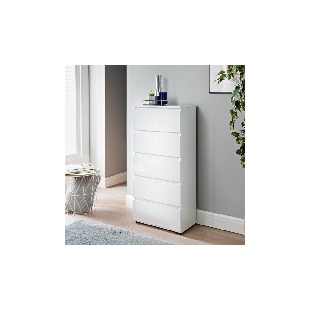 White High Gloss Finish Norsk 5 Drawer Chest Perfect Storage Solution For Your Bedroom.