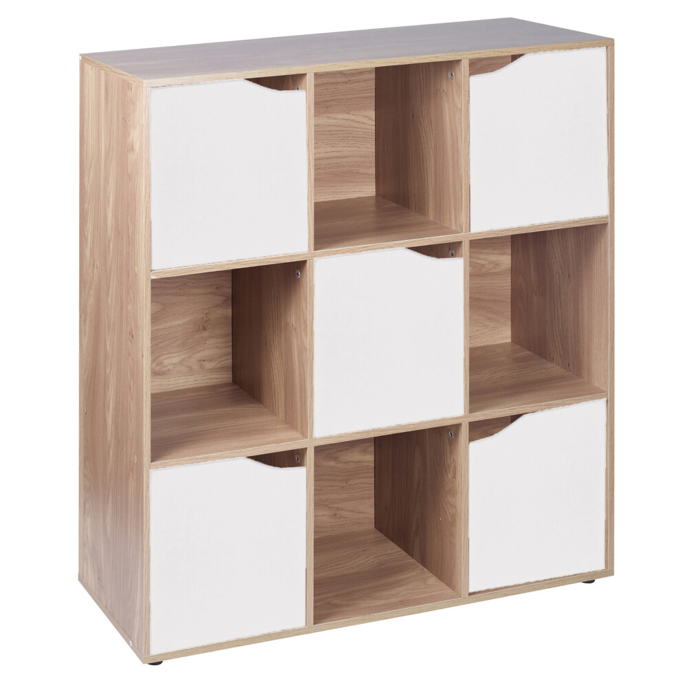 (9 Cube - Oak, White) 9 Cube Wooden Storage Bookcase Unit With Doors