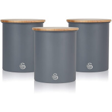 Swan SWKA17513GRYN Nordic Scandi Set of 3 Storage, Tea, Coffee and Sugar Canisters, Slate Grey, Steel, Bamboo Lid, One Size