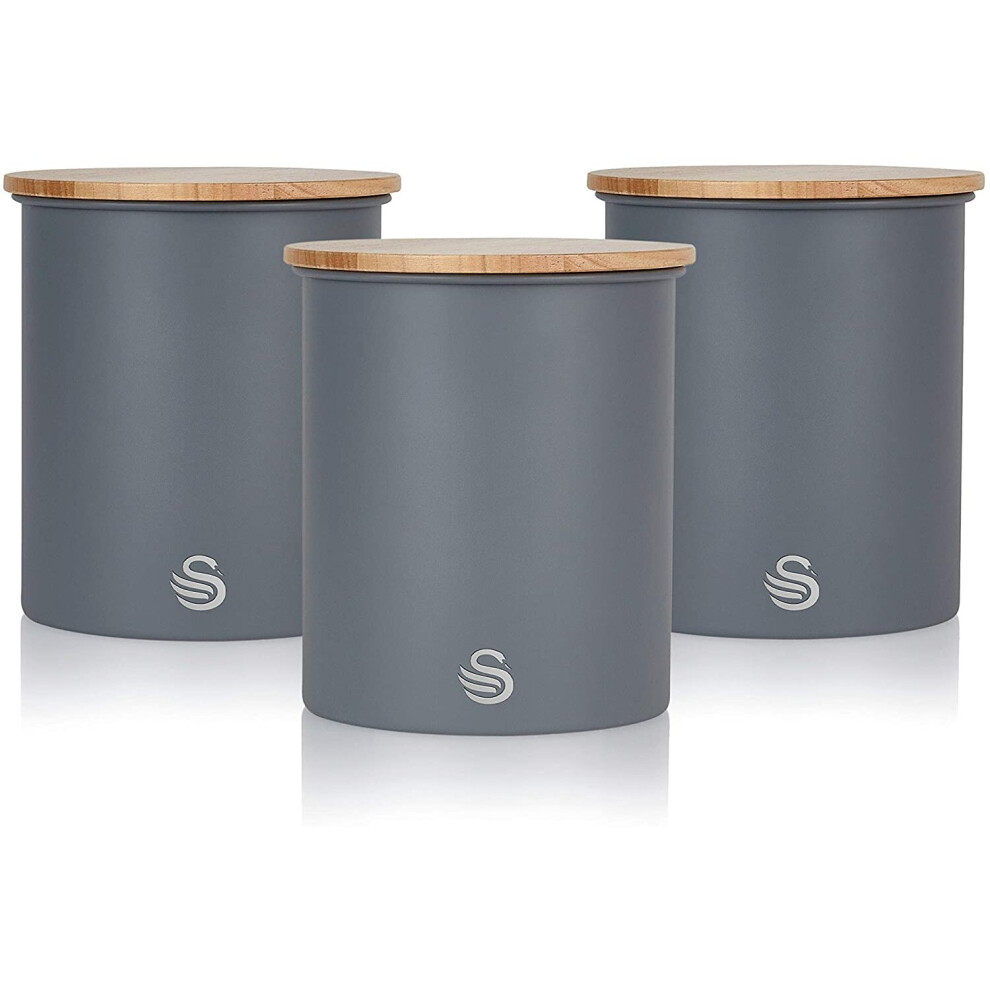 Swan SWKA17513GRYN Nordic Scandi Set of 3 Storage, Tea, Coffee and Sugar Canisters, Slate Grey, Steel, Bamboo Lid, One Size