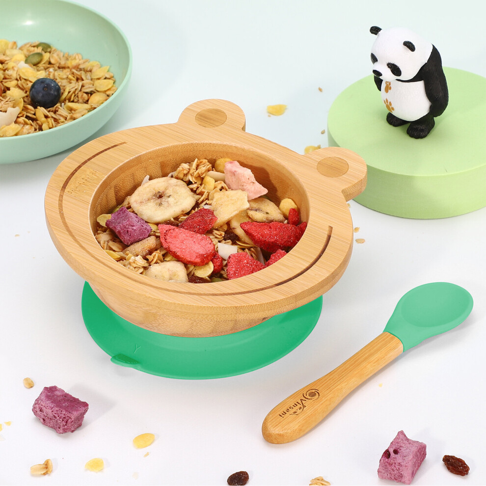 (Green) Frog Bamboo Bowl & Spoon Set Suction Bowl Green Vinsani