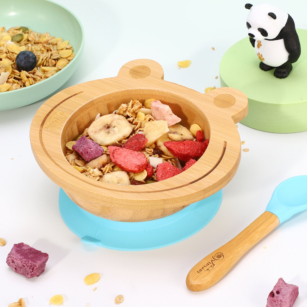 (Blue) Frog Bamboo Bowl & Spoon Set Suction Bowl Blue Vinsani