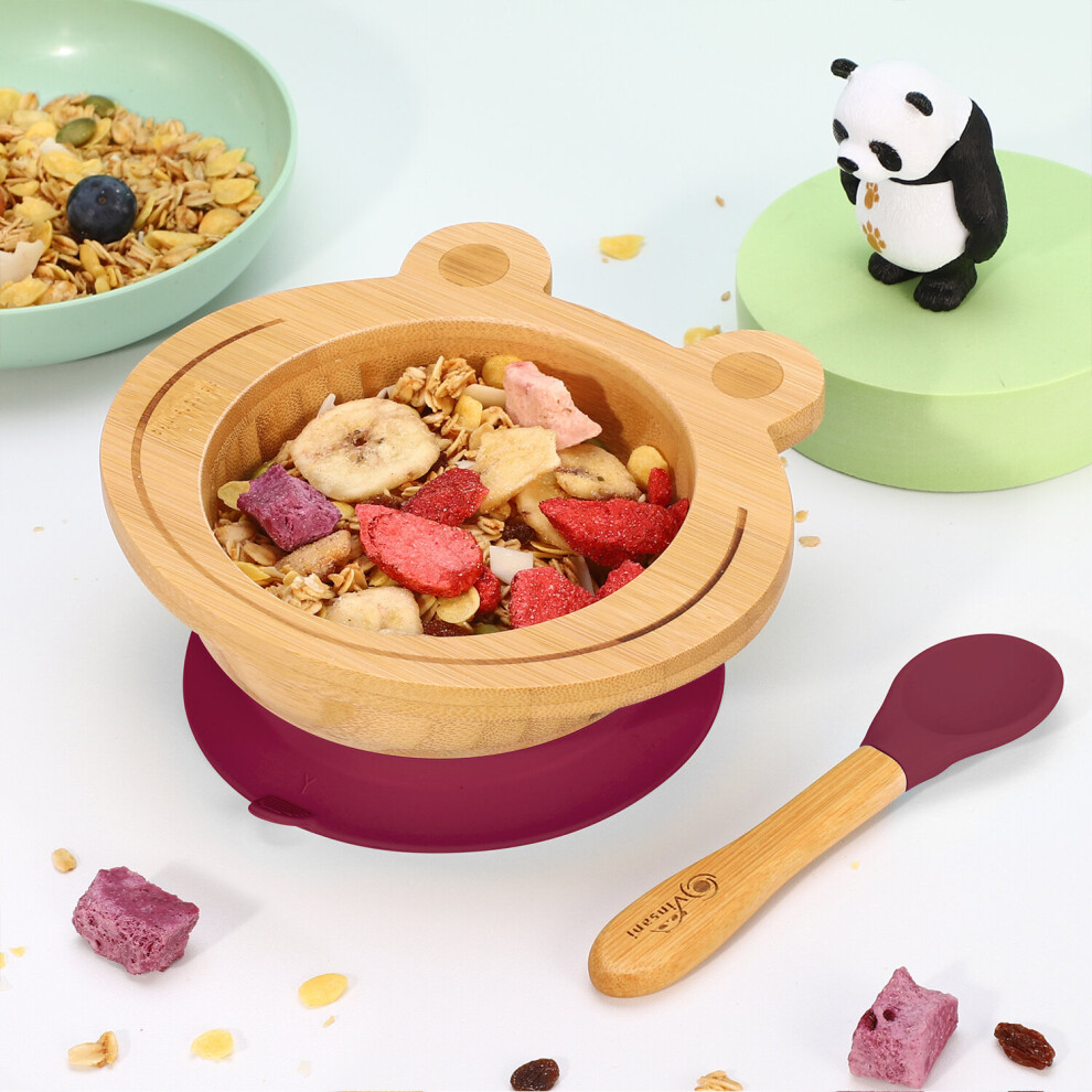 (Red) Frog Bamboo Bowl & Spoon Set Suction Bowl Red Vinsani