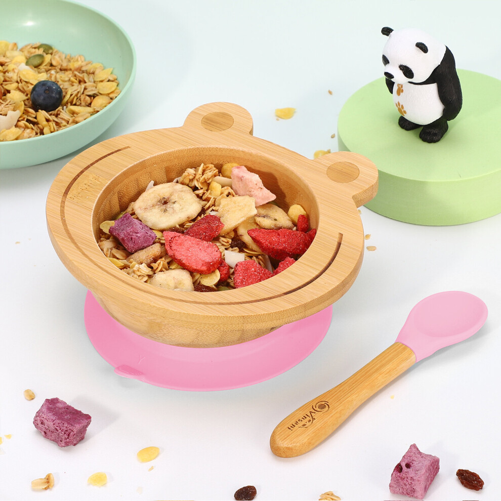 (Pink) Vinsani Frog Bamboo Bowl & Spoon Set Suction Bowl