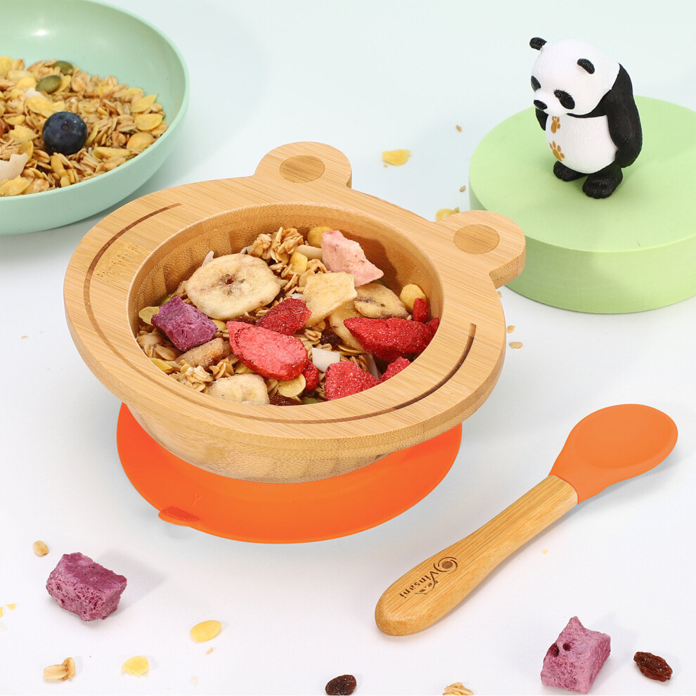 (Orange) Frog Bamboo Bowl & Spoon Set Suction Bowl Orange Vinsani