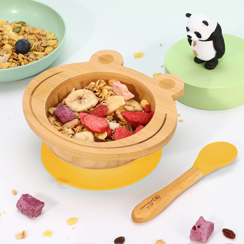 (Yellow) Frog Bamboo Bowl & Spoon Set Suction Bowl Yellow Vinsani