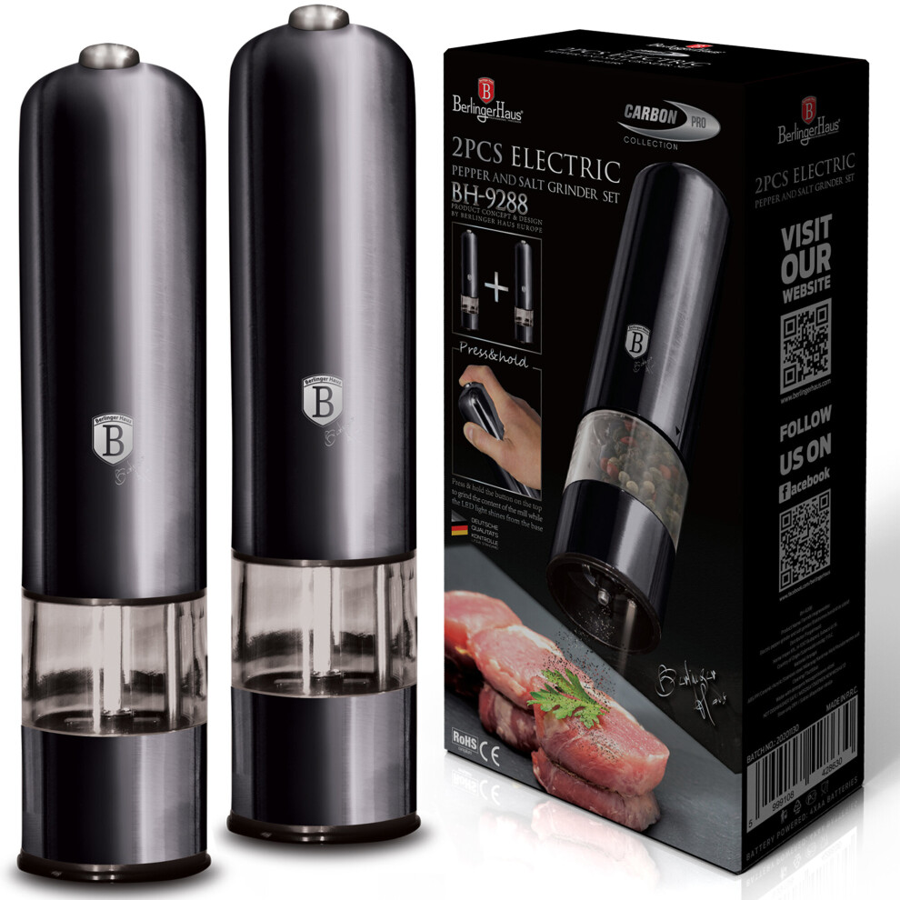 2 Berlinger Haus Carbon Pro Steel Electric Salt&Pepper Spice Mill Set