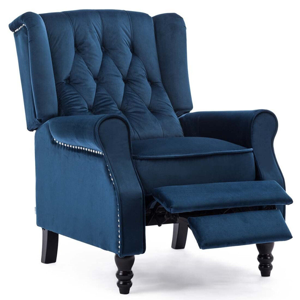 (Blue, Velvet) ALTHORPE WING BACK FIRESIDE RECLINER VELVET / LEATHER MANUAL ARMCHAIR SOFA CHAIR