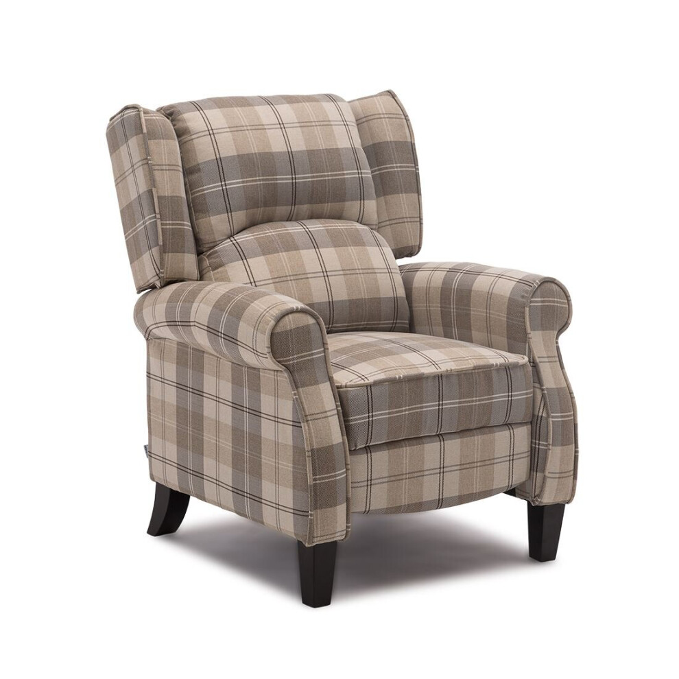 (Beige) EATON WING BACK FIRESIDE TARTAN FABRIC RECLINER MANUAL ARMCHAIR SOFA CHAIR CINEMA