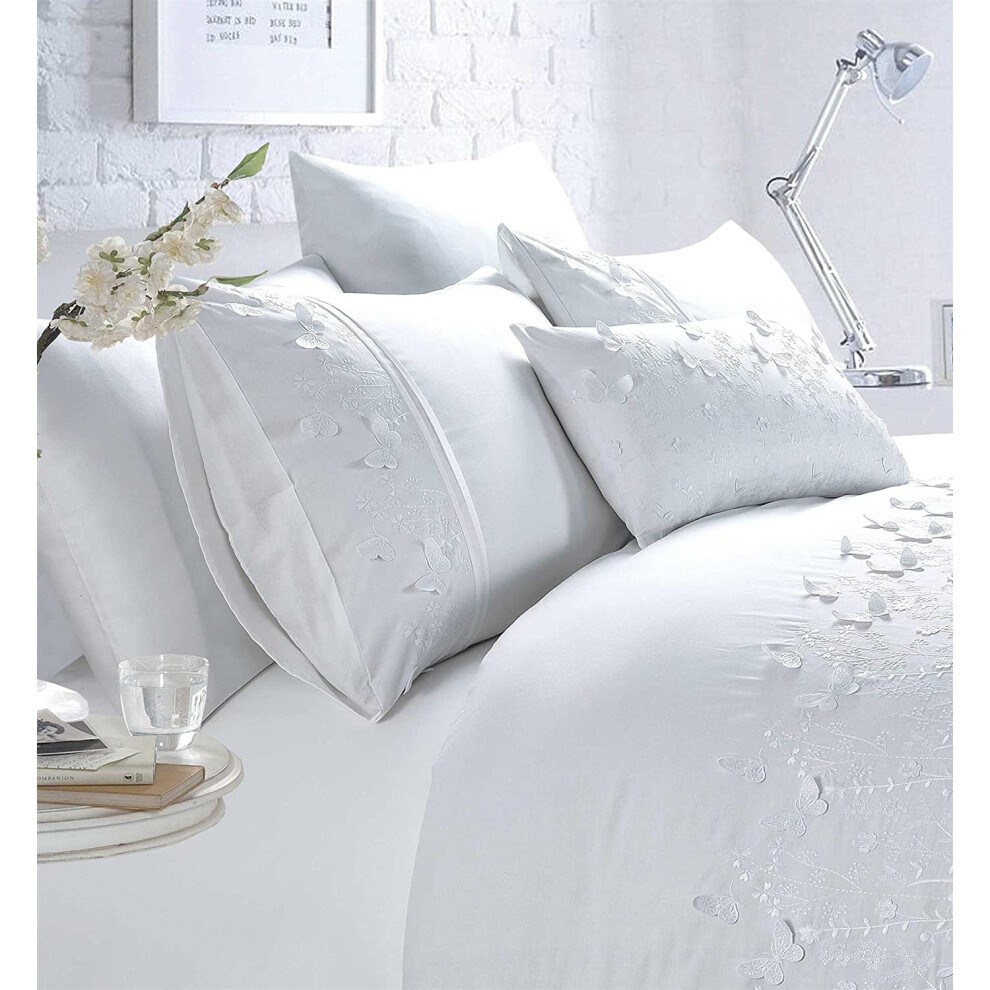 Belle Maison Papillion White Luxury Embroidered Butterfly Double Duvet Cover Set