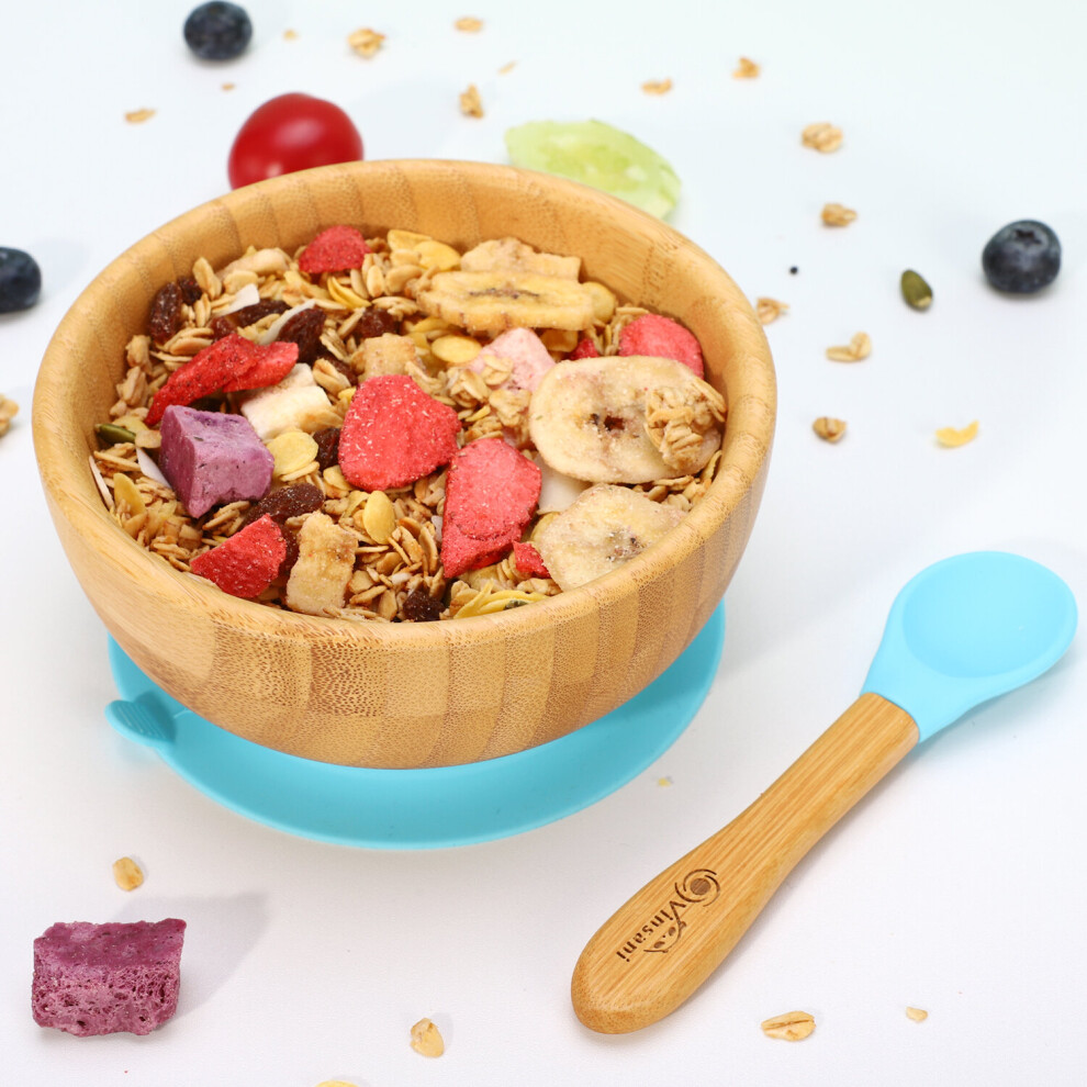 (Blue) Bamboo Bowl And Spoon Set Suction Bowl Blue Vinsani