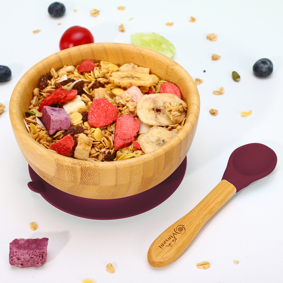 (Red) Bamboo Bowl And Spoon Set Suction Bowl Red Vinsani