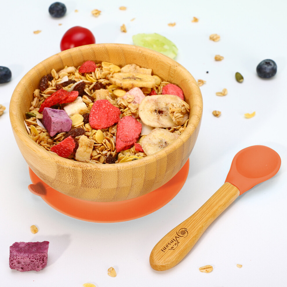 (Orange) Bamboo Bowl And Spoon Set Suction Bowl Orange Vinsani