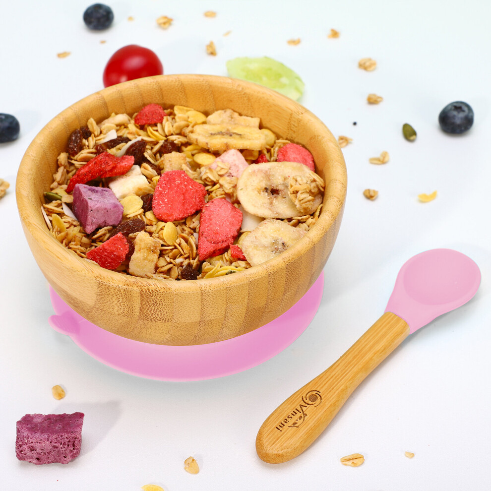 (Pink) Bamboo Bowl And Spoon Set Suction Bowl Pink Vinsani