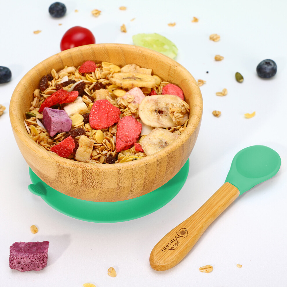 (Green) Bamboo Bowl And Spoon Set Suction Bowl Green Vinsani
