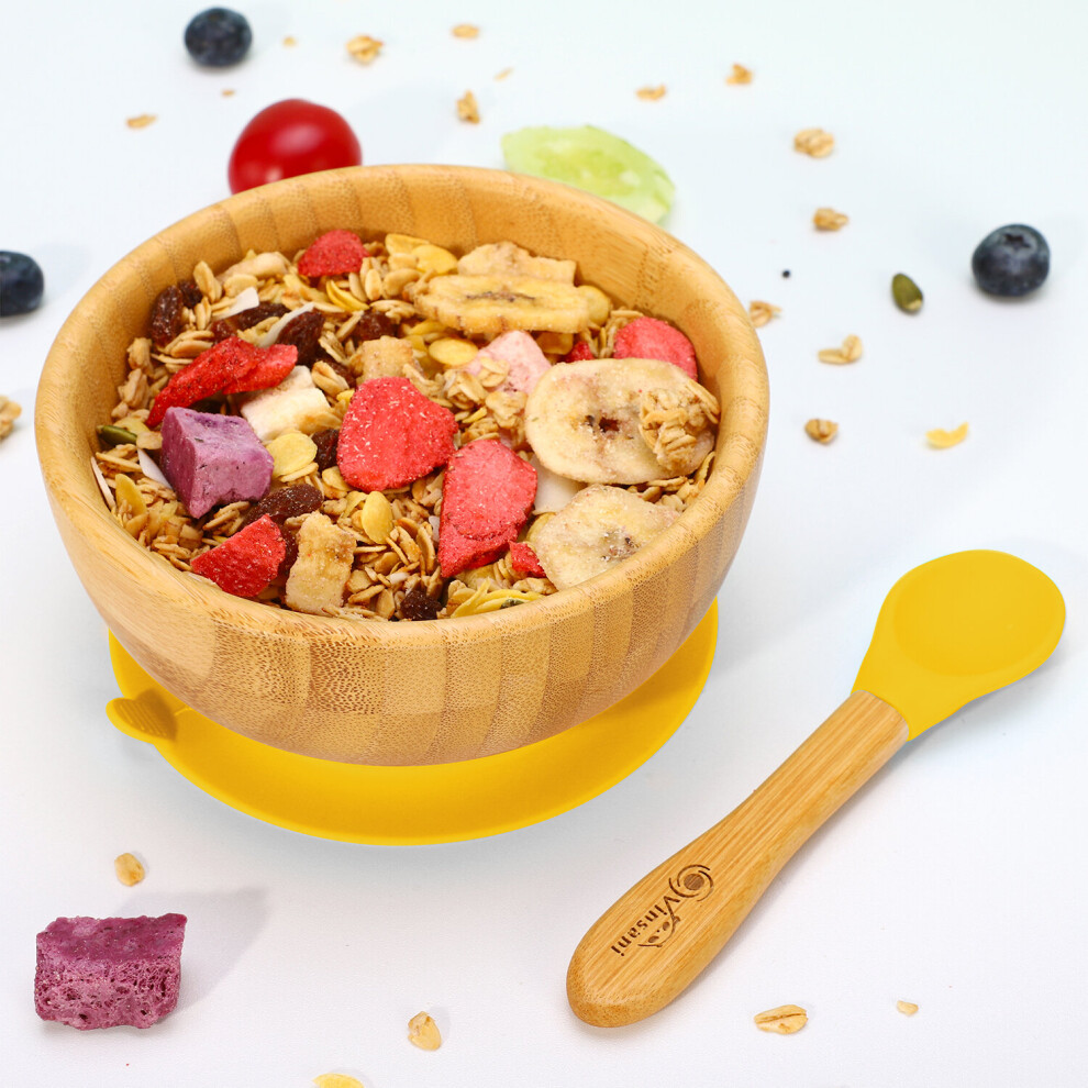 (Yellow) Bamboo Bowl And Spoon Set Suction Bowl Yellow Vinsani