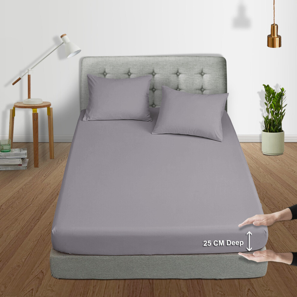 (Grey, Single (90 x 191 cm)) Extra Deep 25cm Fitted Sheet Bed Sheets Single Double King Super King Size