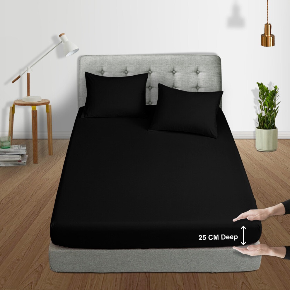 (Black, Super King (180 x 200 cm)) Extra Deep 25cm Fitted Sheet Bed Sheets Single Double King Super King Size