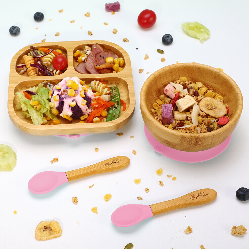 (Pink) Bamboo Suction Bowl, Square Plate & Spoon Pink Vinsani
