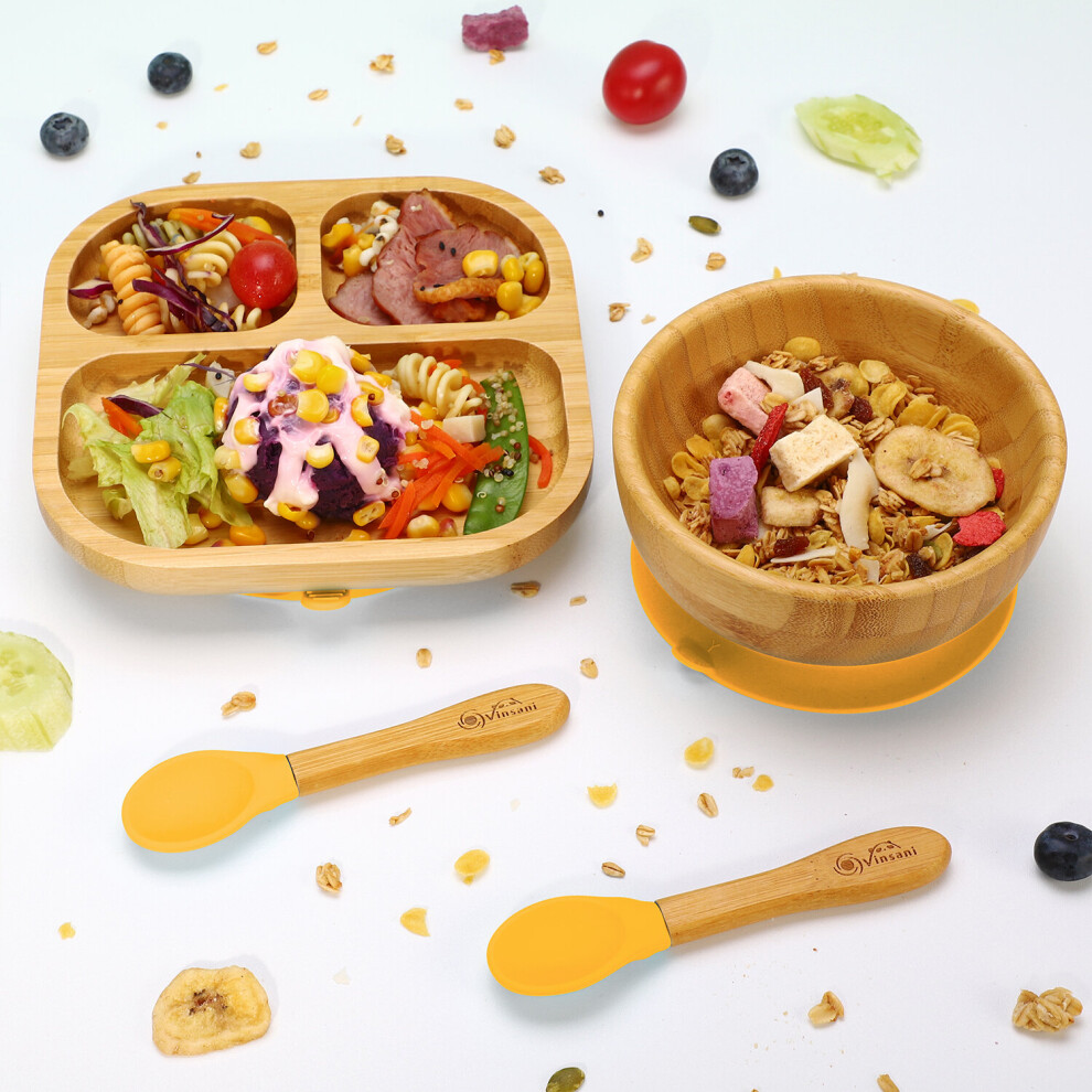 (Yellow) Bamboo Suction Bowl, Square Plate & Spoon Yellow Vinsani