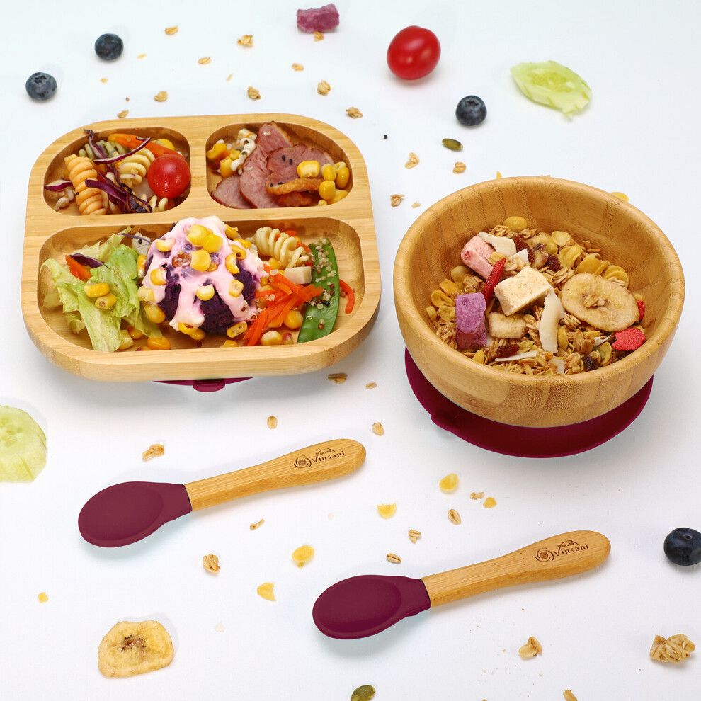 (Red) Bamboo Suction Bowl, Square Plate & Spoon Red Vinsani