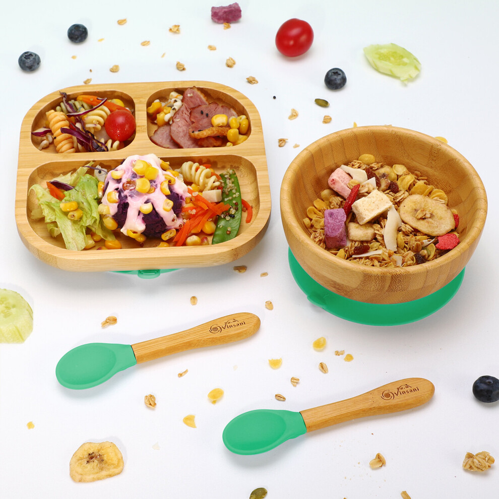 (Green) Vinsani Bamboo Suction Bowl, Square Plate & Spoon