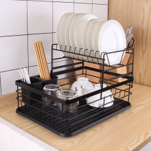 (Black) 2Tier Dish Drainer Rack with Drip Tray Cutlery Holder Plate Rack Kitchen Sink