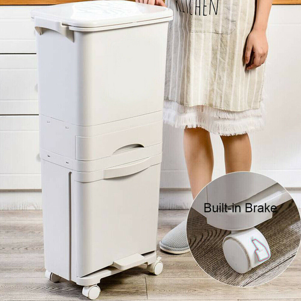 Living And Home 3 Tier Large Rubbish Trash Bin Recycling Pedal Kitchen Waste Can With Wheels 42L