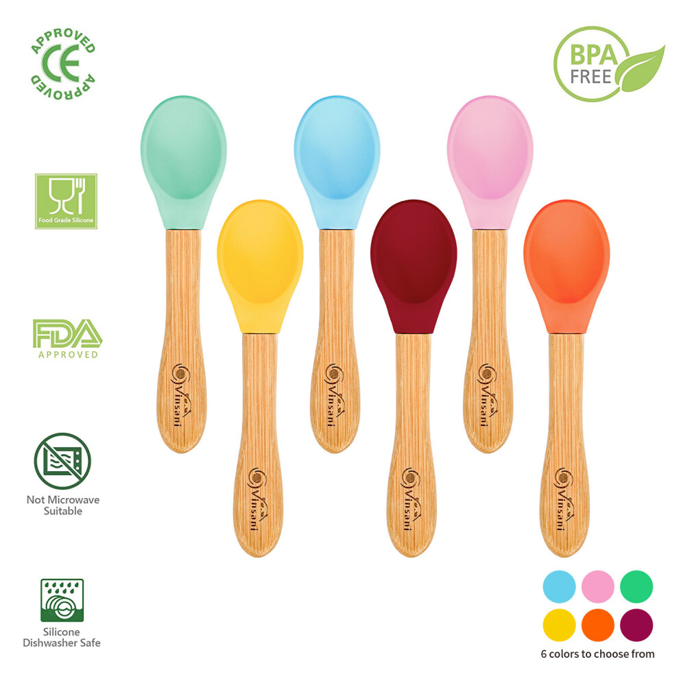 Vinsani 6 Pieces Bamboo And Silicone Spoon Set Baby/Toddler Weaning