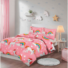 (Single Unicorn ) Unicorn Rainbow Stars Duvet Cover With Pillow Case