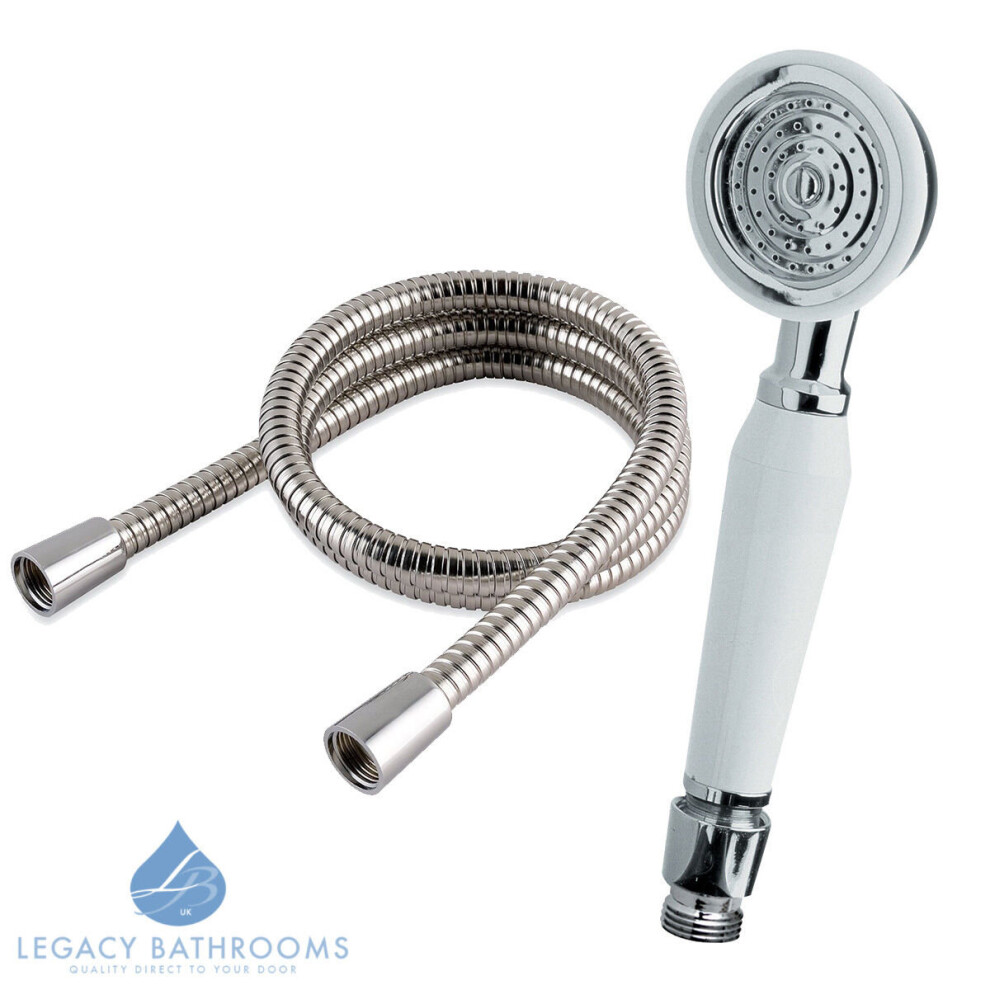Traditional Victorian Style Shower Head + 1.5M Hose, White Handle 5060651459027