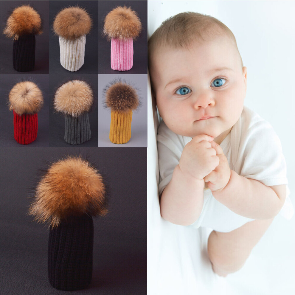 Baby Warm Winter Knit Beanie Raccoon Fur Pom Bobble Hat Crochet Ski Cap