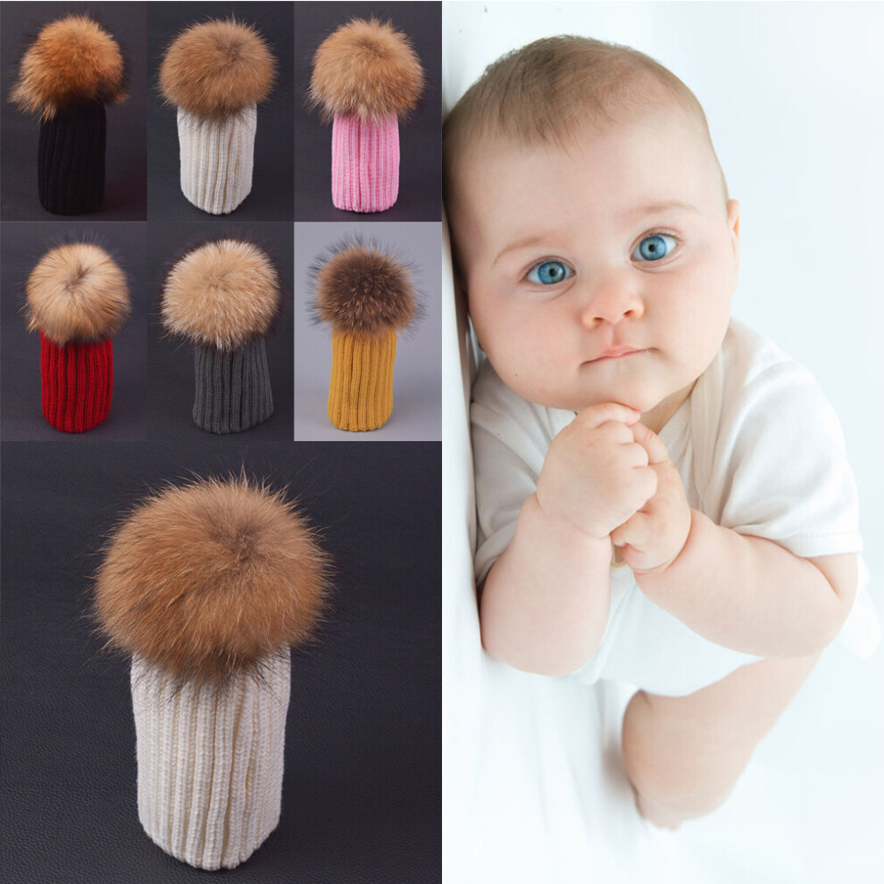 Baby Warm Winter Knit Beanie Raccoon Fur Pom Bobble Hat Crochet Ski Cap