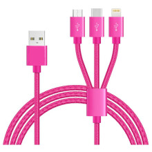 (Hot Pink) 3 in 1 Multi USB Phone Charger Cable for iPhone and Android Nylon Braided Data Cable