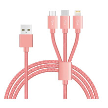 (Rose Gold) 3 in 1 Multi USB Phone Charger Cable for iPhone and Android Nylon Braided Data Cable