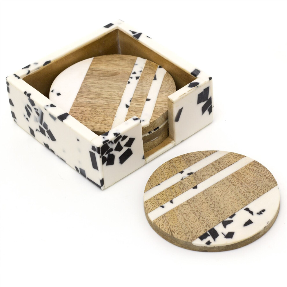 Set Of 4 Wooden Coasters With Holder | Square Cup Mug Table Mats | Drinks Coaster Set - White