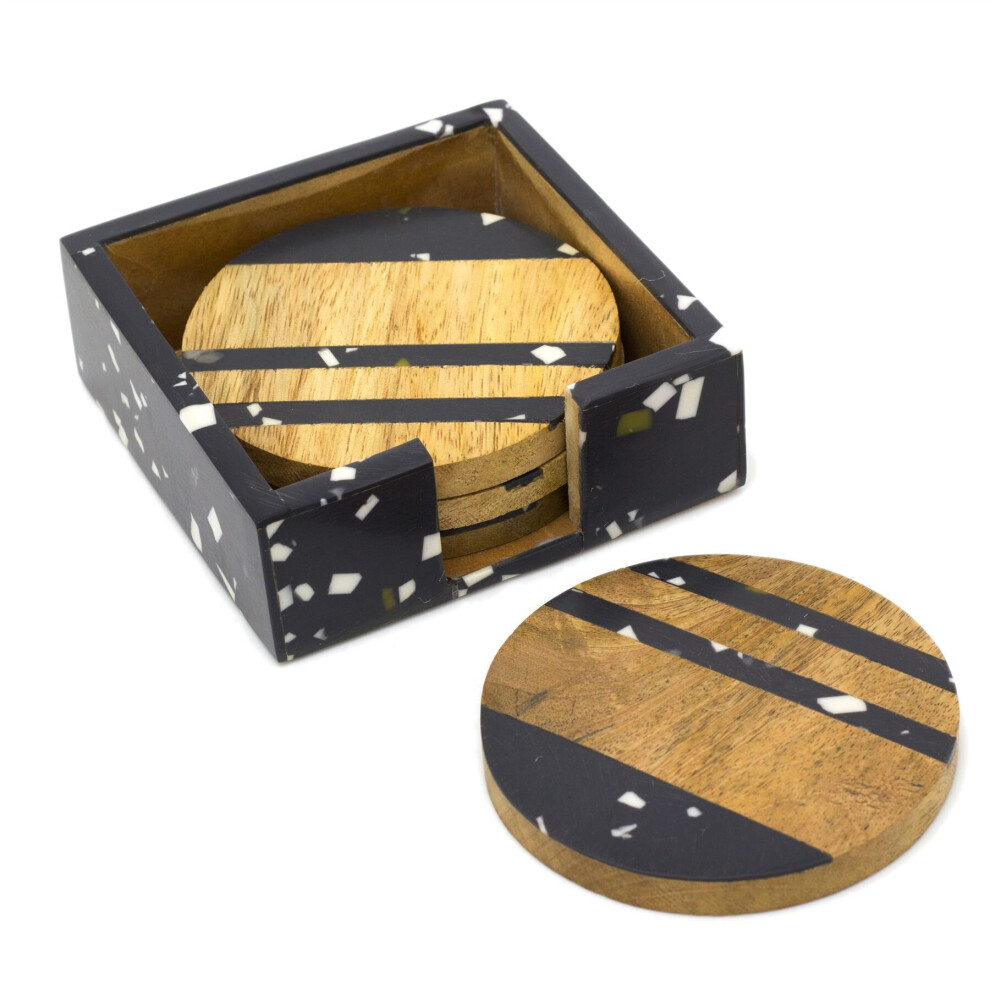 Set Of 4 Wooden Coasters With Holder | Square Cup Mug Table Mats | Drinks Coaster Set - Black