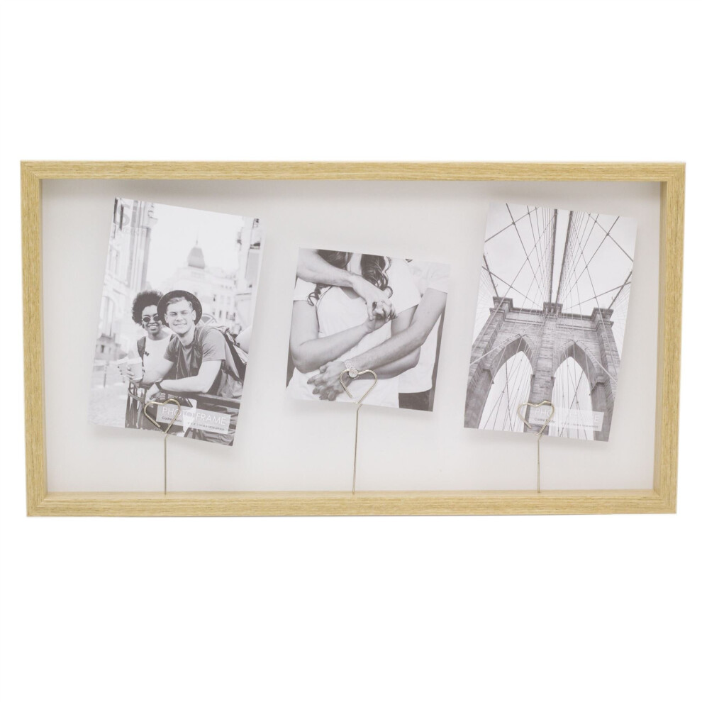 4 X 6 Wooden Triple Heart Clip Photo Frame | Multi Peg Photo Picture Frame | Freestanding Wall Mounted 3 Aperture Picture Frame