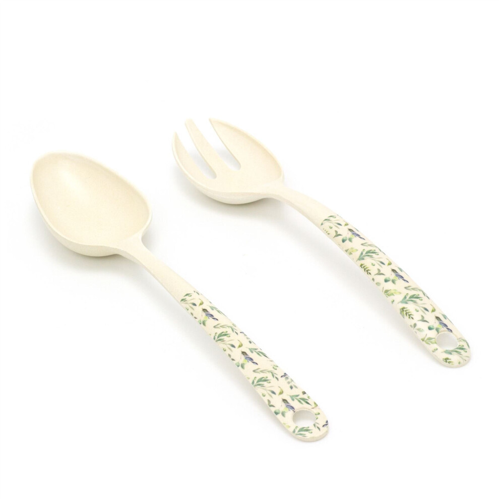 Set Of 2 Olive Grove Bamboo Salad Servers | Eco Friendly Salad Fork Salad Spoon | Kitchen Serving Utensils