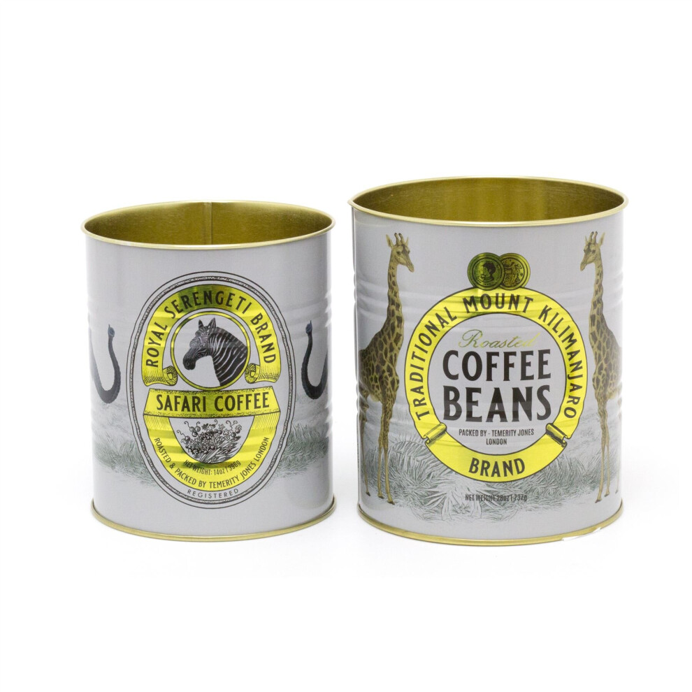 Set Of 2 Safari Retro Metal Storage Tins | Replica African Coffee Tin Cans | Vintage Metal Display Can