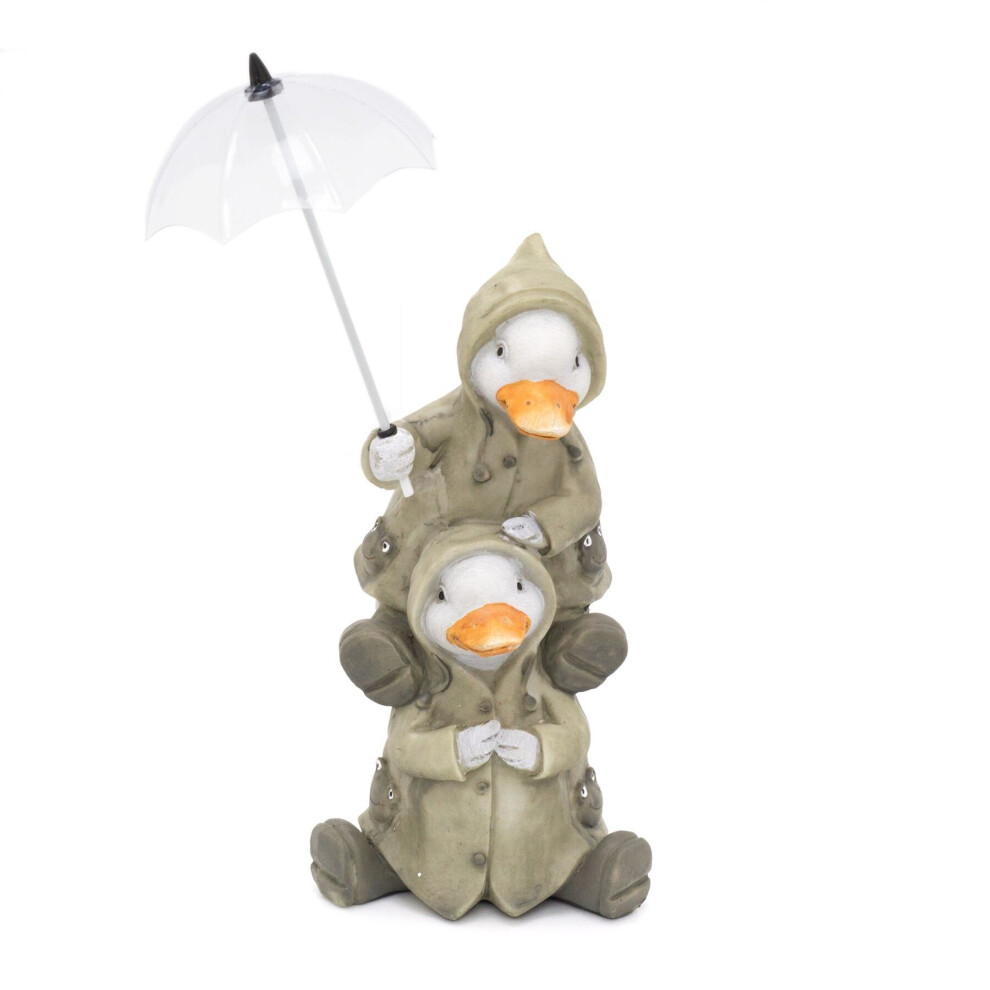 Cute Puddle Duck Family With Umbrella Ornament | Indoor Outdoor Two Ducks And Brolly Statue | Bird Sculpture Garden Decorations - Two Ducks